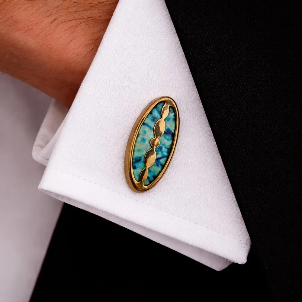 Vintage Early Art Deco Solid Brass Navette Turquoise Enamel Cufflinks